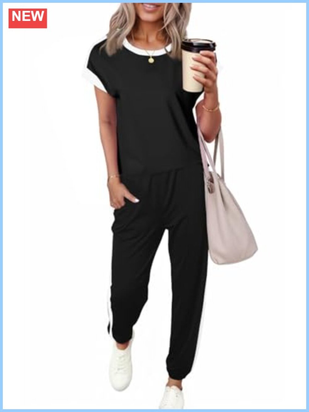 Dokotoo 2 Piece Colorblock Sweatsuit Short Sleeve Jogger Lounge Set